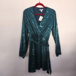 Cara Santana X Nine West Teal Sequin Wrap Dress NWT